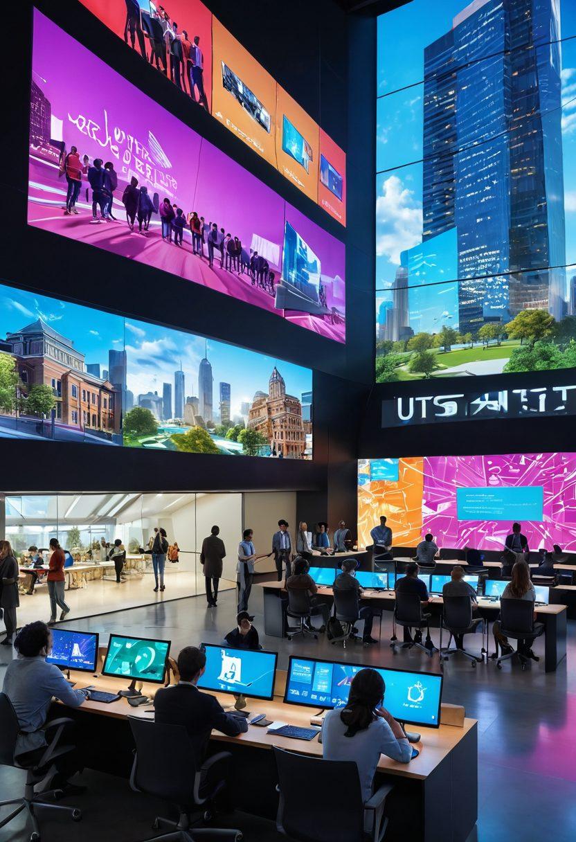 A vibrant, futuristic campus scene showcasing students engaged in technology and education, with digital screens displaying innovative ideas. In the background, sleek architecture represents UTS, while diverse individuals collaborate around holographic displays. Bright colors and an inspiring atmosphere emphasize creativity and connection. super-realistic. vibrant colors. 3D.