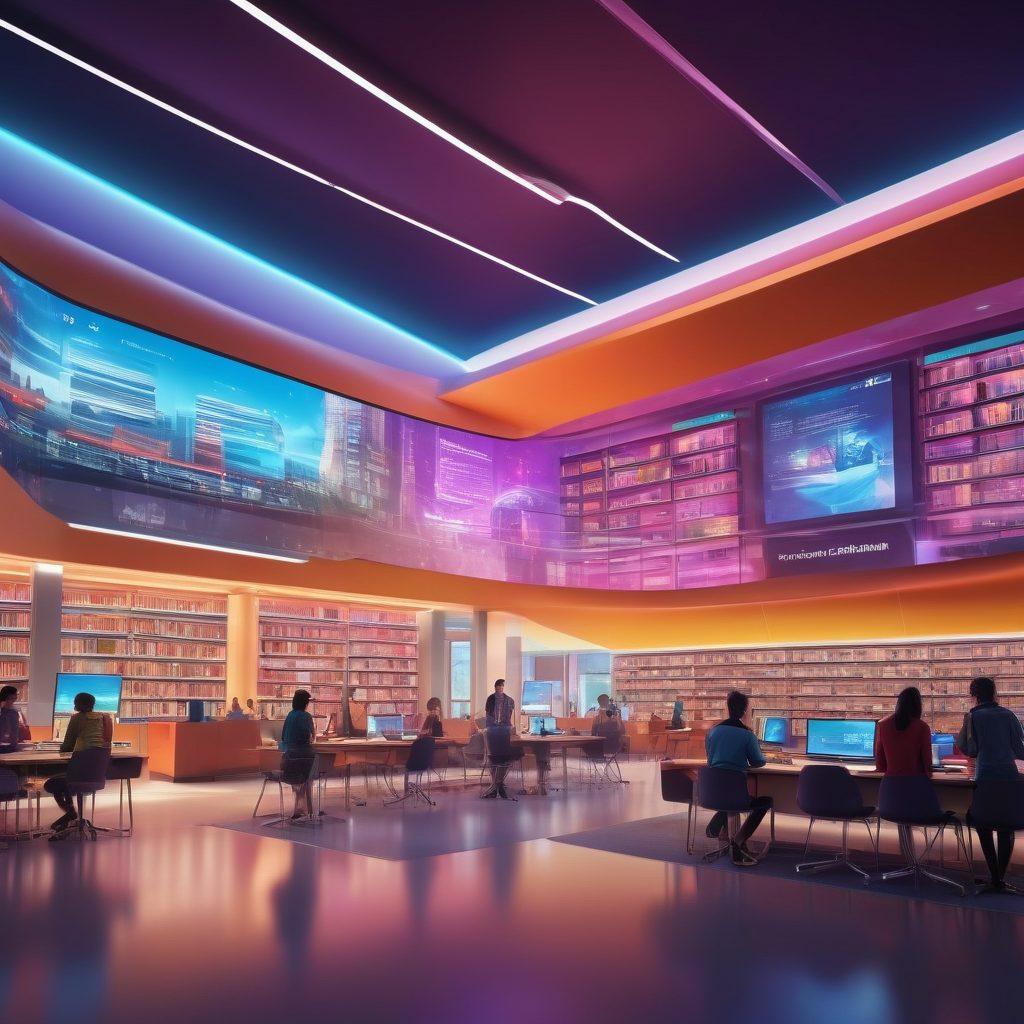 A futuristic library filled with digital screens showcasing the latest technology insights, surrounded by diverse students engaging with interactive learning tools and gadgets. Bright, inviting colors illuminate the scene, with a sleek, modern architecture in the background. Emphasize collaboration and innovation in a vibrant academic environment. super-realistic. vibrant colors. high-tech ambiance.