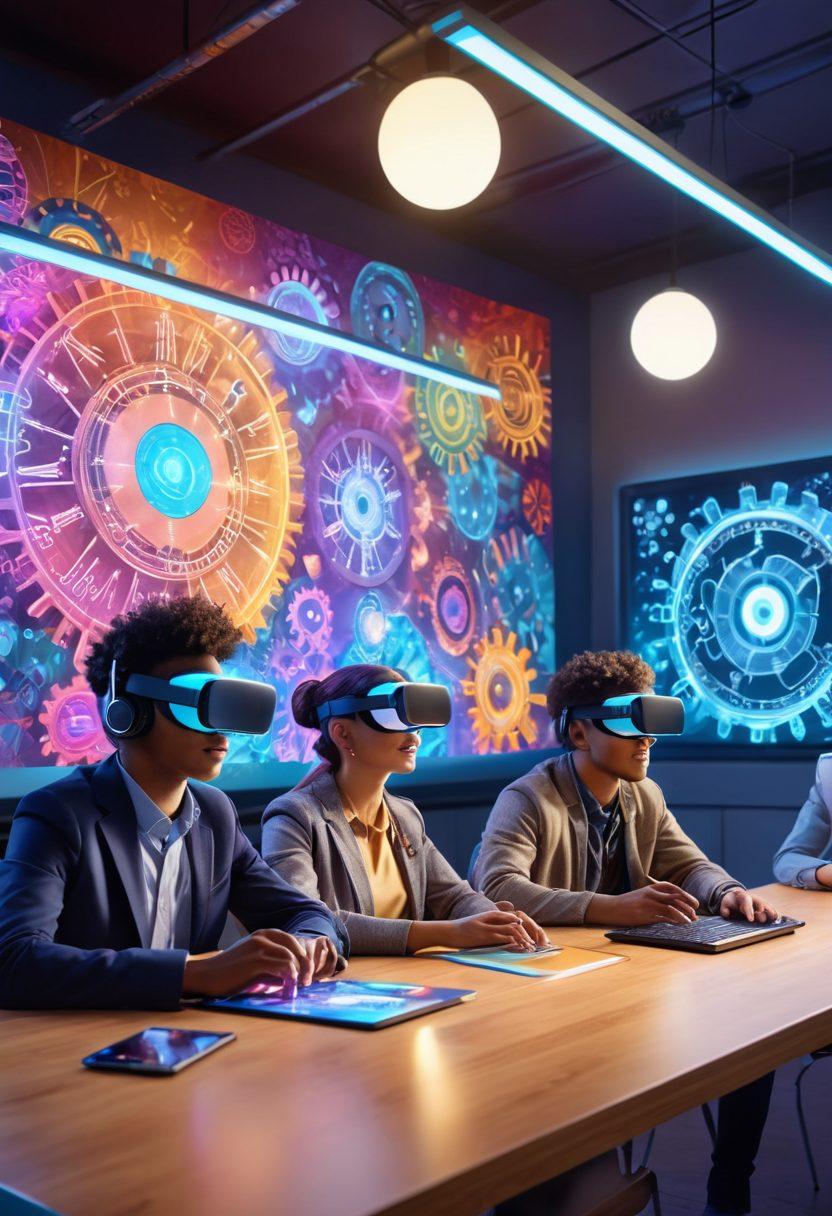 A futuristic classroom scene with diverse students engaging in interactive technology, such as virtual reality headsets and holographic displays. Incorporate elements symbolizing innovation, like light bulbs and gears floating above them. The background should feature a colorful mural representing global cultures and ideas. Capture the essence of collaboration and creativity. super-realistic. vibrant colors. 3D.